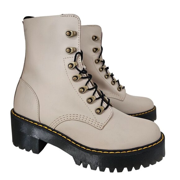 Dr. Martens Womens Leona Combat Boots Beige Platform Lace-Up Lug Sole US10/EU42 - Picture 1 of 14